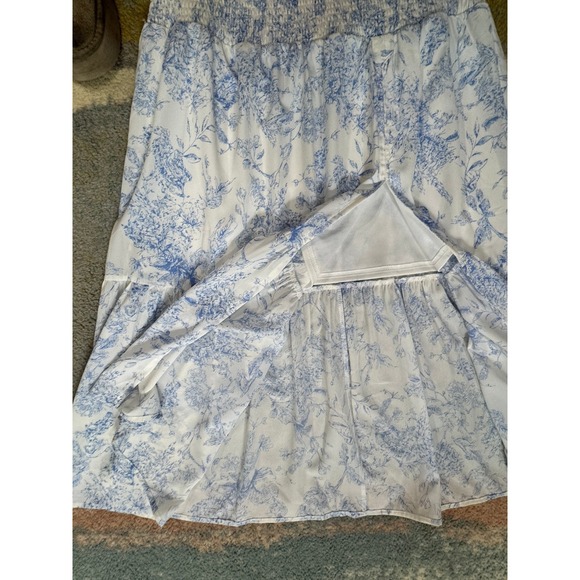 Blue Toile Smocked Maxi Dress Size S Prarie Cottagecore Soft Girl Wedding Guest‎ - Picture 14 of 14